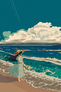 Anime Girl Walking On Beach Hair Blowing In Wind (750x1334) Resolution Wallpaper
