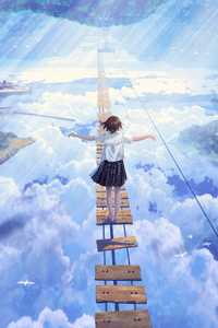 Anime Girl Walking On Dream Bridge In Clouds (360x640) Resolution Wallpaper