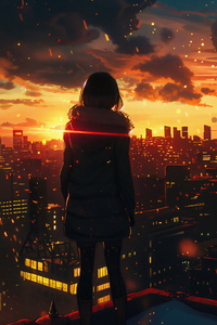 Anime Girl Watching Metropolitan Moments (1080x1920) Resolution Wallpaper