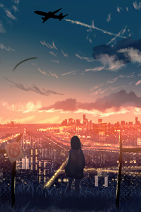 Anime Girl Watching Urban Outdoor View (1280x2120) Resolution Wallpaper