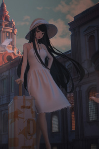 Anime Girl With A Stylish Suitcase Cap Strolls Down The Bustling Street (240x400) Resolution Wallpaper