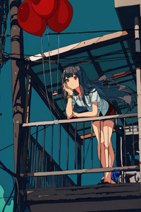 Anime Girl With Balloons Standing On A Balcony (640x960) Resolution Wallpaper