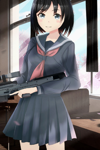 Anime Girl With Gun In School