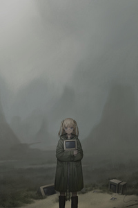 Anime Girl With Old Computer Desktop Walking 5k (320x480) Resolution Wallpaper