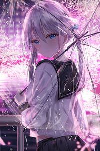 Anime Girl With Umbrella Outdoors Looking Back 5k (320x480) Resolution Wallpaper