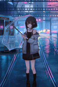 Anime Girl With Umbrella Under Neon Lights Tram Passing By (320x568) Resolution Wallpaper
