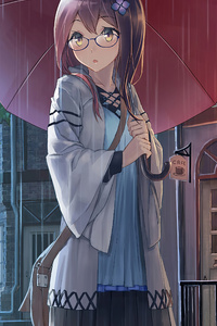 Anime Girl Yellow Eyes Rain Umbrella 4k (240x320) Resolution Wallpaper