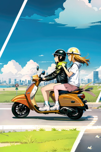 Anime Girls Exploring On Scooters (480x854) Resolution Wallpaper