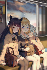 Anime Girls In Train Closed Eyes Smiling Sailor Uniform (240x400) Resolution Wallpaper