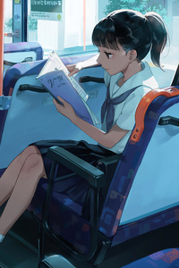 Anime School Girl Bus Reading Book 5k (1440x2960) Resolution Wallpaper