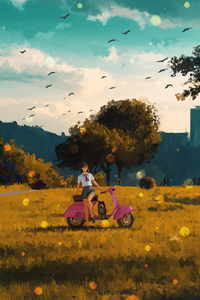 Anime School Girl With Dog And Scooter (640x960) Resolution Wallpaper