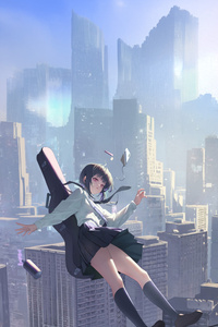 Anime School Girl With Guitar Falling From The Building (1080x2160) Resolution Wallpaper