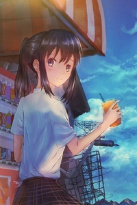 Anime School Girl With Summer Drink (320x568) Resolution Wallpaper