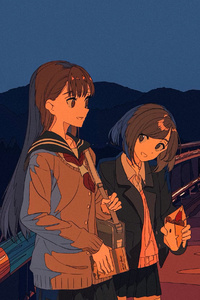 Anime School Girls Sidewalks Evning Chatting (2160x3840) Resolution Wallpaper