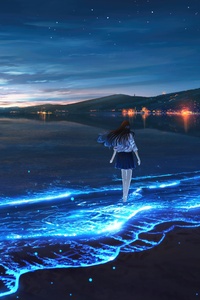 Anime Schoolgirl Walking Barefoot By The Seaside (1440x2960) Resolution Wallpaper