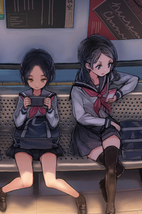 Anime Schoool Girls On Phones Waiting For Bus 4k