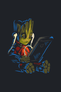 Baby Groot Listening To Music While Using Phone (1440x2560) Resolution Wallpaper