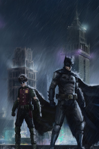 Batman And Robin In Rainy Gotham (1125x2436) Resolution Wallpaper
