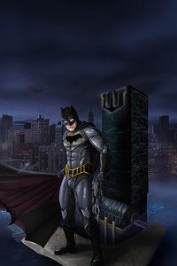 Batman Standing Alongside Wayne Tower (1440x2560) Resolution Wallpaper