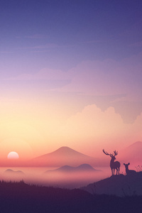 Bear Deer Mountains Sunrise Minimalism Artwork 8k (1440x2560) Resolution Wallpaper