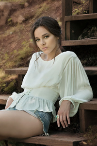 Beautiful Girl Sitting On Brown Wooden Stairs (360x640) Resolution Wallpaper