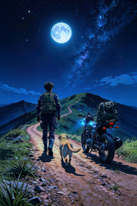 Biker Boy With Dog On Mountains Walking (1280x2120) Resolution Wallpaper
