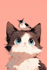 Bird Sitting On Cat Head Minimal Cute 5k (1080x2280) Resolution Wallpaper