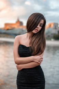 Black Dress Half Face Covered With Hairs City Lake (1440x2960) Resolution Wallpaper