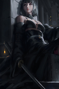Black Dress Queen Sitting On Cemented Throne (240x320) Resolution Wallpaper