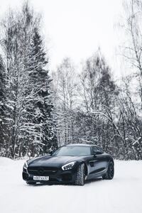 720x1280 Black Mercedes Amg Gt In Snow 4k