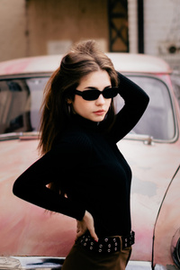 Black Turtleneck Model With Vintage Car (1080x2400) Resolution Wallpaper