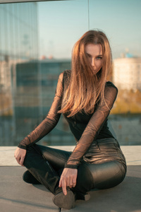 Blonde Girl Black Clothing Rooftop (2160x3840) Resolution Wallpaper