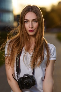 Blonde Girl Camera Around Neck 4k (640x960) Resolution Wallpaper