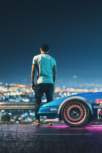 Blue Customized Car Alongside With Man (320x480) Resolution Wallpaper