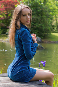 800x1280 Blue Dress Sitting Lake Side 5k