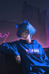Blue Hair Cat Ear Anime Girl Sitting On Couch Neon Graffiti (240x320) Resolution Wallpaper