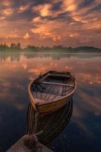 Boat In Silent Lake Nature Sunset (750x1334) Resolution Wallpaper