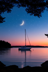 Boat Night Minimal Nature 5k (1080x2160) Resolution Wallpaper