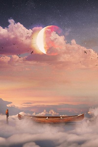 Boat Stars Planet Fantasy Art