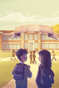Boy And Girl Going To School Illustration (1440x2560) Resolution Wallpaper