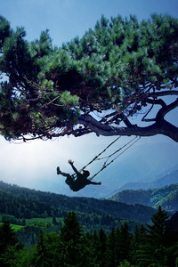 Boy Taking Swing Mood Fantasy (1440x2560) Resolution Wallpaper