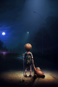 Boy With Backpack Lost In Unknown Path (480x800) Resolution Wallpaper