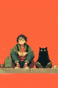 Boy With Black Cat On Orange Background (1080x1920) Resolution Wallpaper