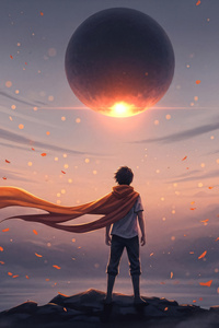 Boy With Flowing Cape Under Red Planet (480x854) Resolution Wallpaper