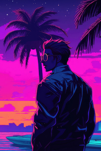 Boy With Sunglasses Vaporwave Sunset Glow Palm Trees Yacht Relaxing (360x640) Resolution Wallpaper
