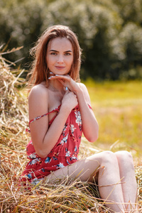 Brown Haired Girl Sitting In A Dress Surrounded By Bokeh And Hay (1280x2120) Resolution Wallpaper