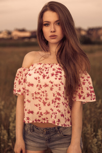 Brunette Girl In A Dress Shorts With Open Shoulder 5k (1080x2160) Resolution Wallpaper