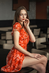 Brunette Orange Skirt Clothing (240x320) Resolution Wallpaper