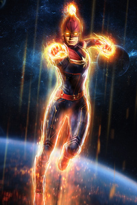 Captain Marvel Flying High In Space (320x480) Resolution Wallpaper
