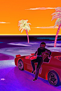 Car Racer Sunset Beach (1280x2120) Resolution Wallpaper